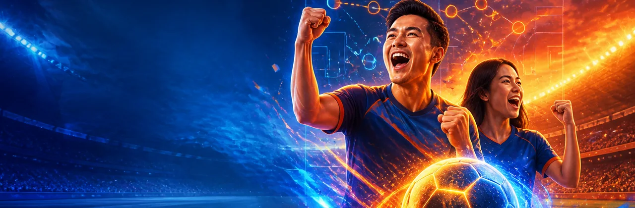 Banner sân cỏ ánh sáng xanh cam cho chuyên mục kèo bóng